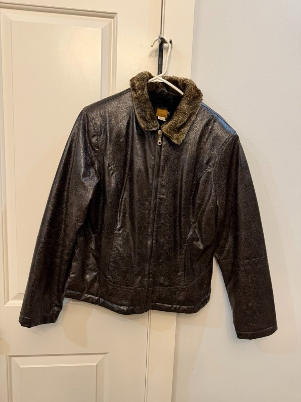 Tsunami Embossed Faux Leather Jacket with Faux Fur Collar | Brown | Size Large